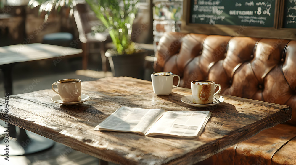 Coffee Cups on Wooden Table with Book 