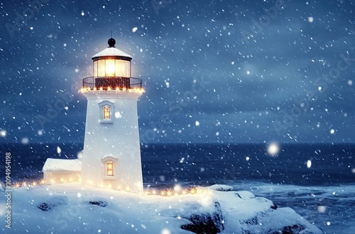 A white lighthouse with Christmas lights is illuminated in the snow at night