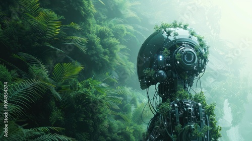 A robotic figure adorned with greenery, symbolizing the fusion of technology and nature. photo