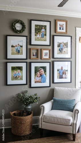 Gallery wall with family photos in coordinated frames personal touch