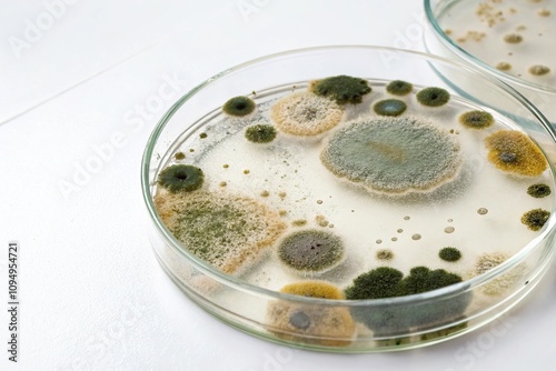 Petri dish segment showing mold growth on a white background, fungus, bacteria, mycelium, science