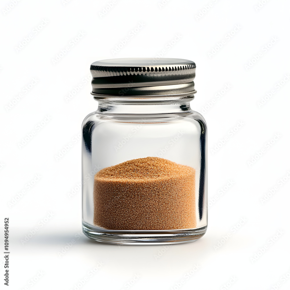 Small glass jar filled with brown granular substance, sealed with a silver lid, against a minimalist white backdrop.