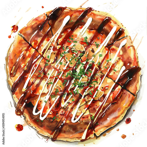 A watercolor vector of Okonomiyaki Pancake, isolated on a white background. Okonomiyaki Pancake vector.
