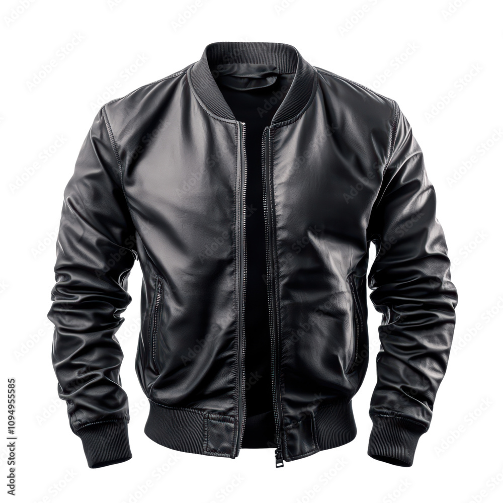 Stylish black leather bomber jacket on a plain background Stylish black leather bomber jacket on a plain background