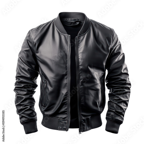 Stylish black leather bomber jacket on a plain background photo