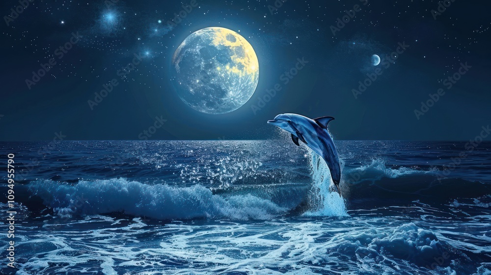Obraz premium A dolphin leaps from ocean waves under a luminous moon and starry night sky.