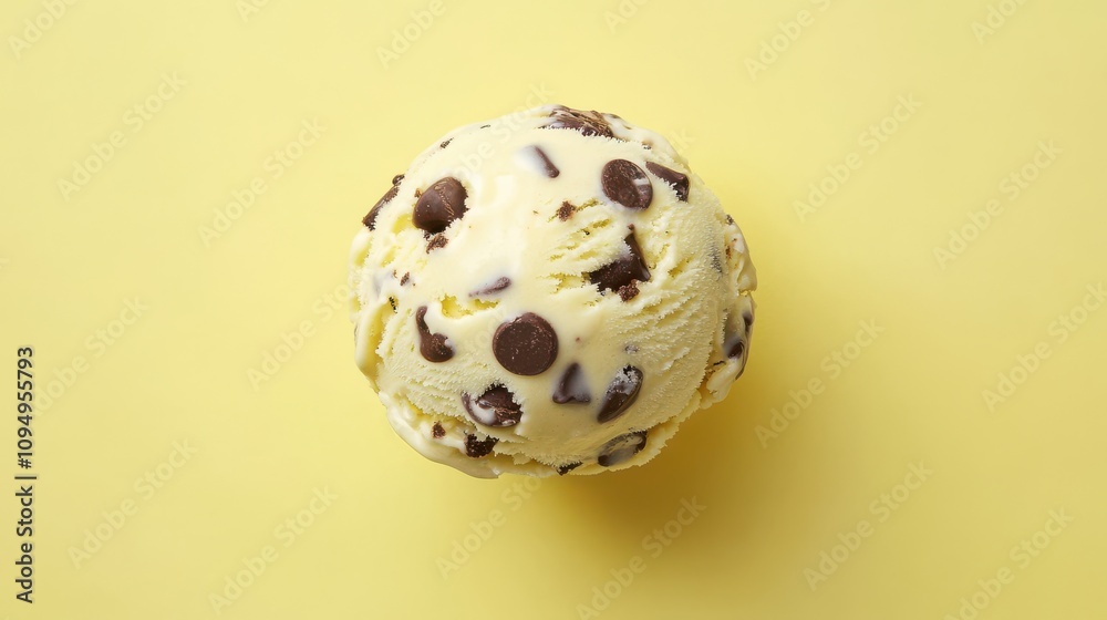 A scoop of creamy chocolate chip ice cream rests on a smooth yellow background. Small chocolate crumbs are scattered around, adding texture to the delightful treat. A scoop of creamy chocolate chip ice cream rests on a smooth yellow background. Small chocolate crumbs are scattered around, adding texture to the delightful treat.