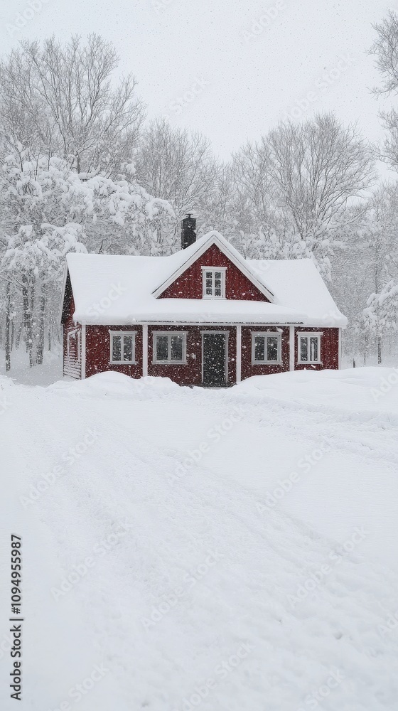 Naklejka premium Red cottage in snowy winter landscape surrounded by snow-covered trees, serene winter scene with snowfall, peaceful winter retreat, idyllic forest cabin