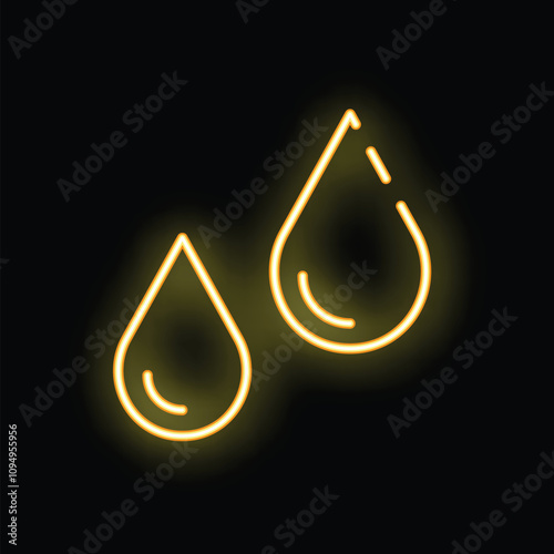 Yellow neon sign depicting two simple water drops shining brightly on a black background