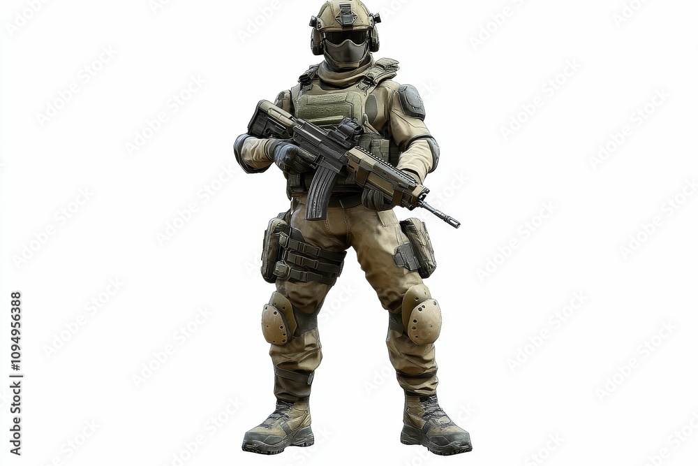 Tan-clad soldier, rifle held, ready for action. Tan-clad soldier, rifle held, ready for action.