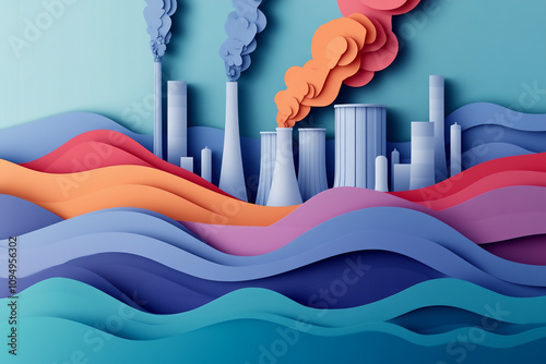 Papercut style of nuclear plant, factory with smoke shape layers.
