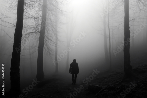 A dark forest with fog surrounding a person walking alone, their figure barely visible, symbolizing being lost in a mental fog. photo