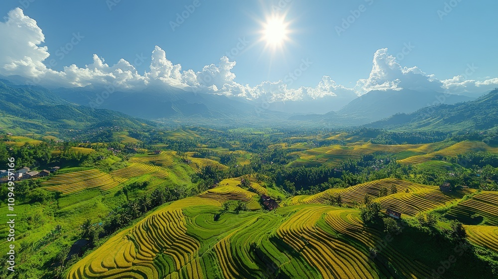 Lush terraced rice fields under a bright sun and blue sky, showcasing nature's beauty. Lush terraced rice fields under a bright sun and blue sky, showcasing nature's beauty.