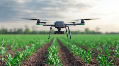 A drone hovers over a lush green field, capturing images of crops under a cloudy sky, showcasing modern agricultural technology.