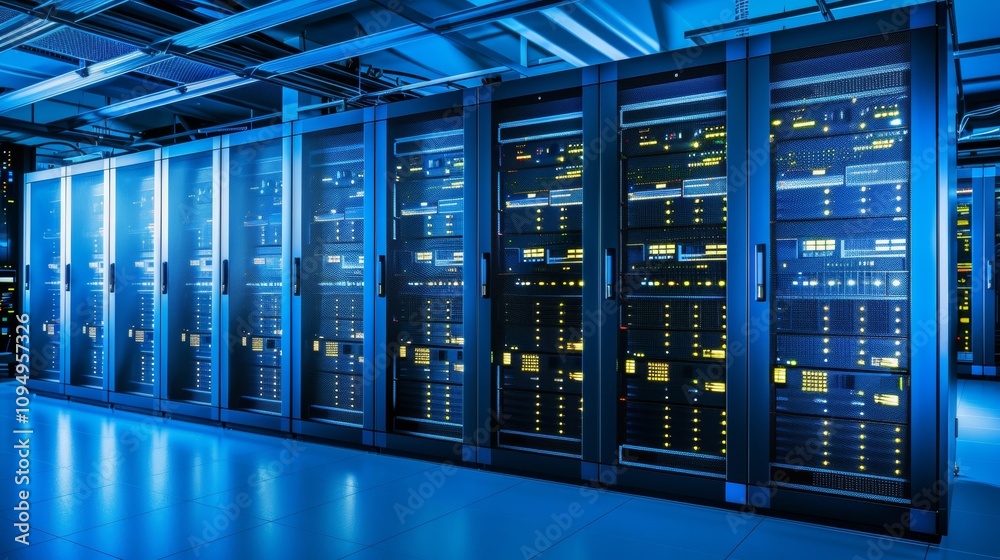 Data Center Illustration. IT Systems Technology. Server Room Infrastructure. Cybersecurity Facility Equipment. Data Storage IT Room. Image of Server Racks in a Modern Interior. Data Center Illustration. IT Systems Technology. Server Room Infrastructure. Cybersecurity Facility Equipment. Data Storage IT Room. Image of Server Racks in a Modern Interior.