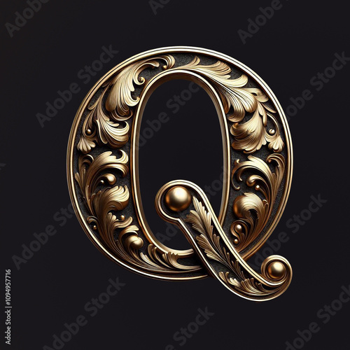 Alphabet letter Q with metallic gold or brass texture isolated on black background, baroque style font design, golden uppercase abc for poster, cover, book
 photo