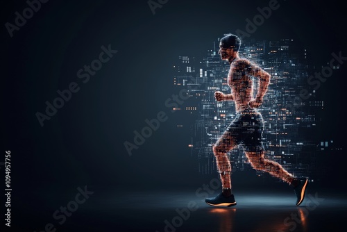 A digital depiction of a runner mid-stride, composed of glowing circuitry, representing speed, technology integration, and the digital age in dynamic motion.