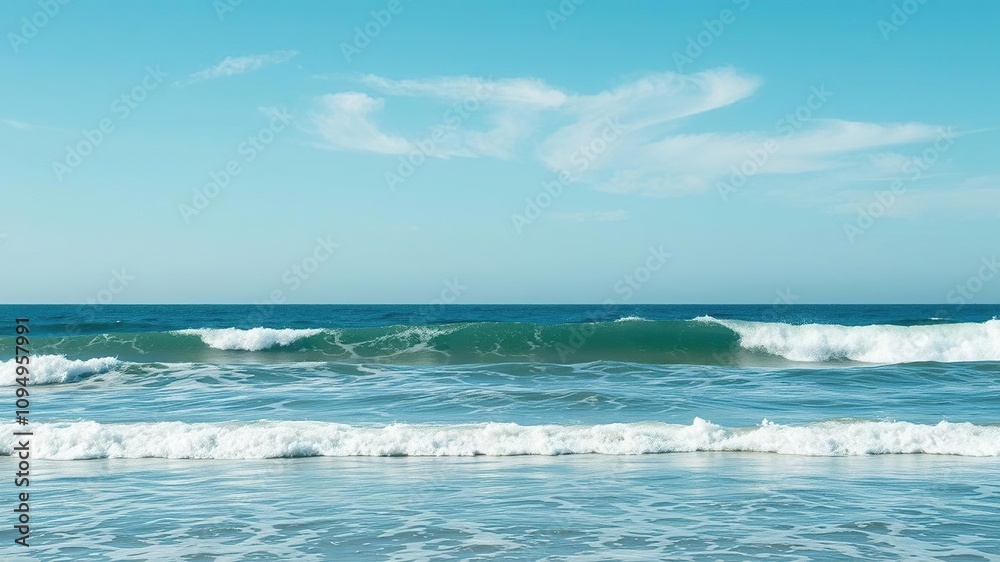 Rolling waves against the shore under a clear blue sky with a few wispy clouds, natural beauty, ocean view Rolling waves against the shore under a clear blue sky with a few wispy clouds, natural beauty, ocean view