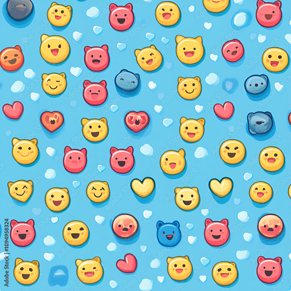 A vibrant pattern featuring colorful bear emoji faces and heart symbols on a blue background, creating a playful and cheerful design. Perfect for adding a fun vibe to digital projects A vibrant pattern featuring colorful bear emoji faces and heart symbols on a blue background, creating a playful and cheerful design. Perfect for adding a fun vibe to digital projects