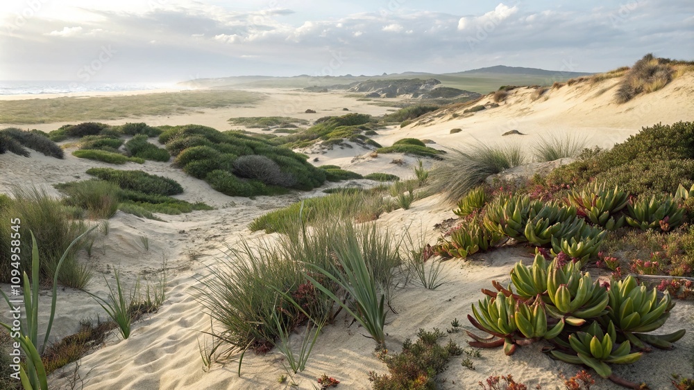 Sandy dunes and coastal succulents in a salt marsh ecosystem, shorebirds, sandy dunes, salt marshes, estuaries Sandy dunes and coastal succulents in a salt marsh ecosystem, shorebirds, sandy dunes, salt marshes, estuaries