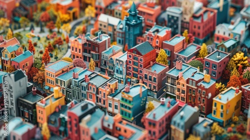 A vibrant miniature cityscape with colorful buildings and autumn foliage.