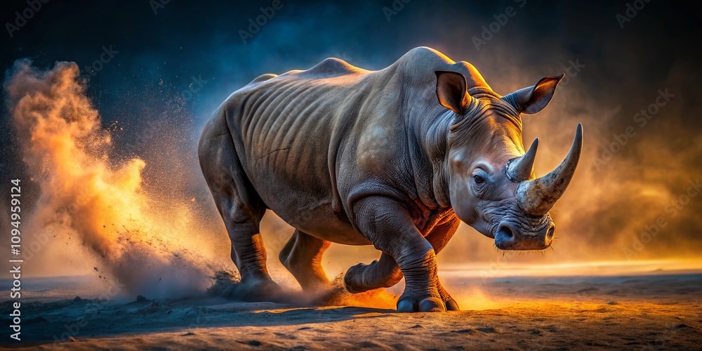 Fototapeta premium Dramatic Night Photography of a Rhinoceros Charging Towards the Camera, Kicking Up Dust in a Wild and Aggressive Display of Nature's Power