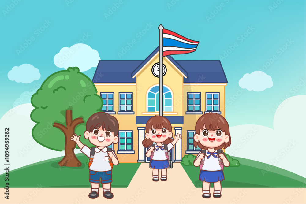 Cute cartoon student in uniform back to school character. Thai school uniform premium vector. Cute cartoon student in uniform back to school character. Thai school uniform premium vector.