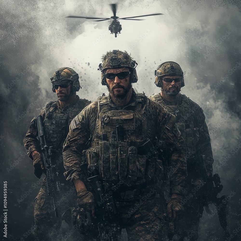 Three soldiers, helicopter overhead, battlefield smoke. Three soldiers, helicopter overhead, battlefield smoke.