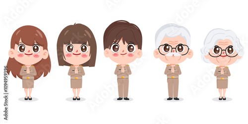 Thai teacher greeting with namaste or Thai wai. People in government job character.