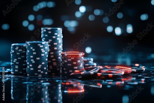 Stacks of poker chips with glowing rims are meticulously arranged on a reflective table, capturing the high-stakes tension and strategy of casino gaming environments. photo