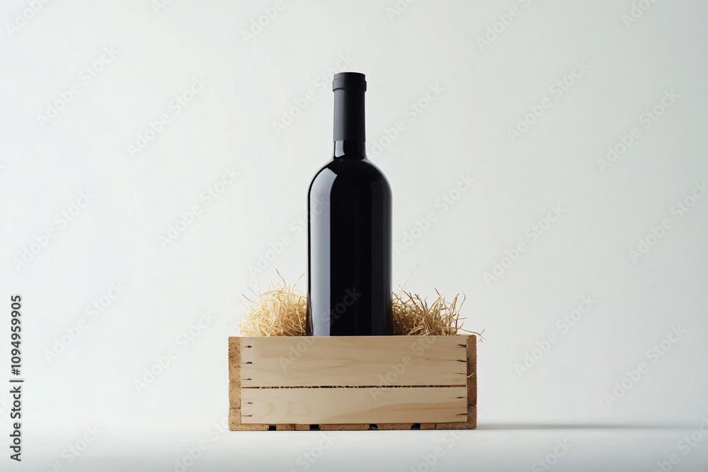 Naklejka premium Wine Bottle Mockup in Wooden Crate Isolated on White