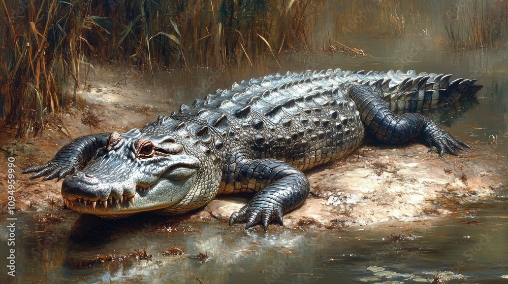 A detailed illustration of a crocodile resting in a natural habitat by the water. A detailed illustration of a crocodile resting in a natural habitat by the water.