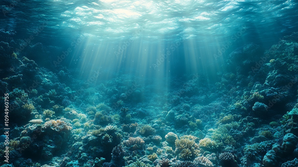 Fototapeta premium Deep sea underwater with coral reefs and lights