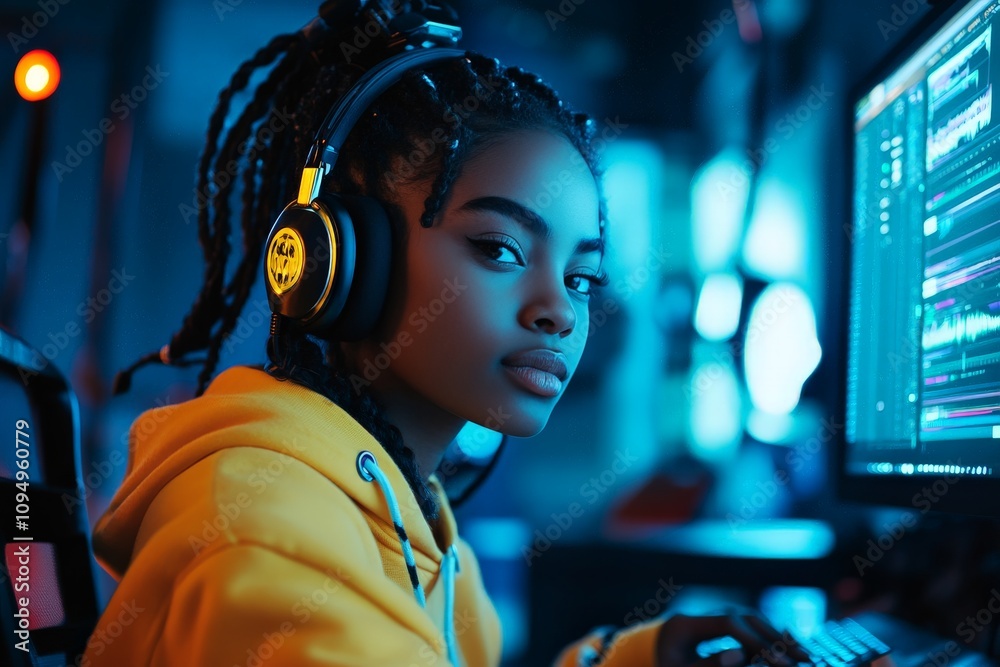 Obraz premium A young woman with braids concentrates on her computer screen while wearing oversized headphones in a modern, colorful environment. High focus on technology and creativity.