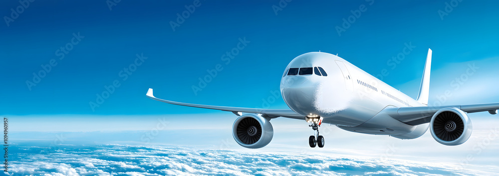 An aircraft flying high in the sky, releasing white particles into the atmosphere, with a backdrop of a clear blue sky and fluffy clouds. This scene captures the essence of air travel, environmental i An aircraft flying high in the sky, releasing white particles into the atmosphere, with a backdrop of a clear blue sky and fluffy clouds. This scene captures the essence of air travel, environmental i