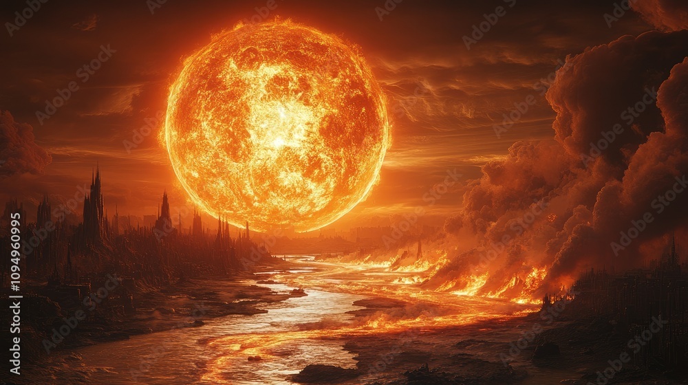 A fiery landscape with a massive sun and flowing lava, depicting an apocalyptic scene. A fiery landscape with a massive sun and flowing lava, depicting an apocalyptic scene.