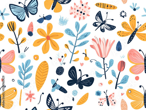 A colorful butterfly pattern with flowers and leaves. The butterflies are of different sizes and colors. 