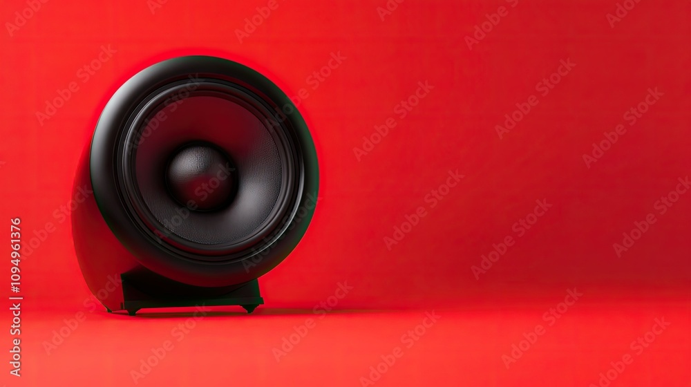 Black Subwoofer Speaker Against Bright Red Background for Music Enthusiasts and Audio Professionals Focusing on Sound Quality and Modern Design Aesthetics Black Subwoofer Speaker Against Bright Red Background for Music Enthusiasts and Audio Professionals Focusing on Sound Quality and Modern Design Aesthetics