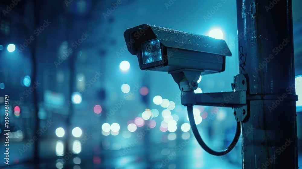 Surveillance camera on a pole at night, capturing a city scene with blurred lights. Surveillance camera on a pole at night, capturing a city scene with blurred lights.