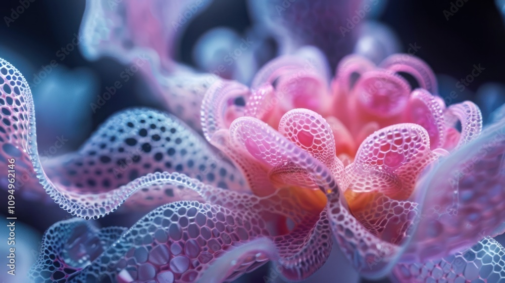 A close-up of a delicate, colorful abstract flower-like structure with intricate details.