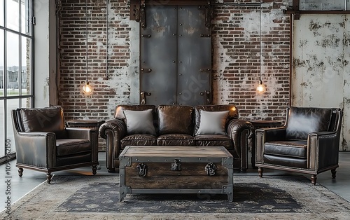 Leather sofa and armchairs in loft style living room with brick wall. photo