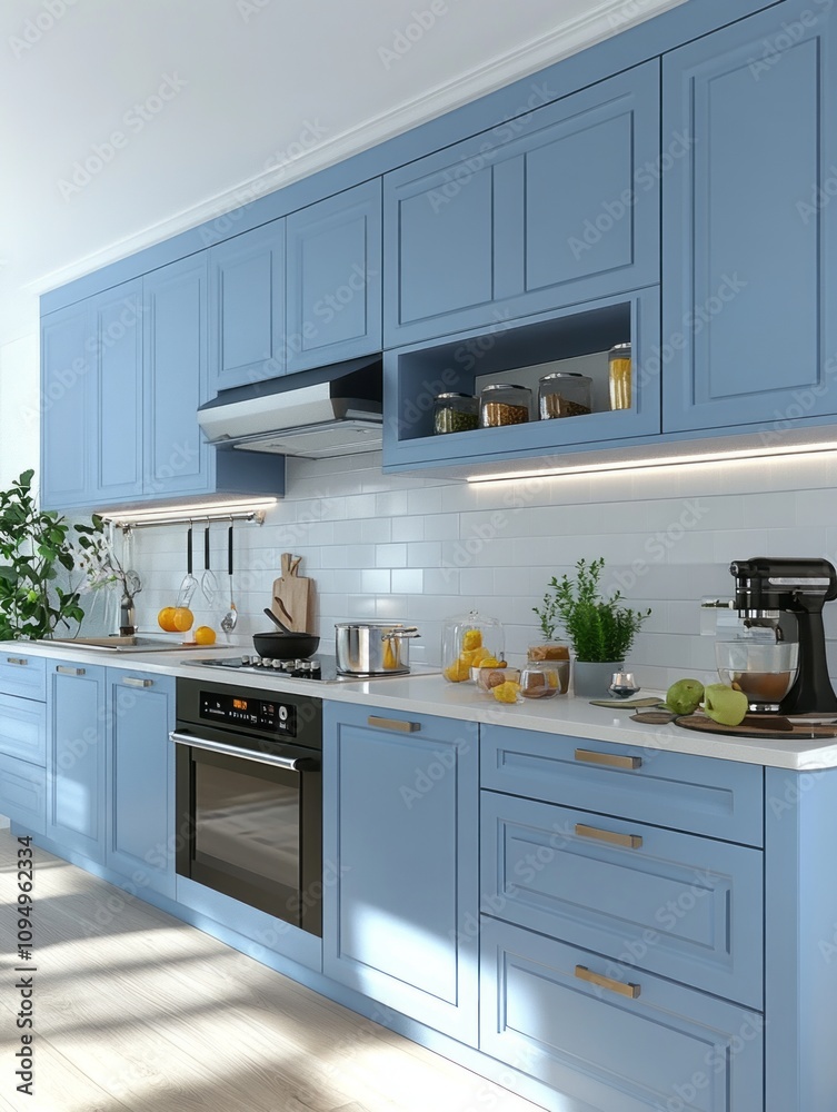Modern Light Blue Kitchen With White Tile Backsplash