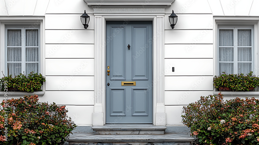 stylish front entrance with a blue door and decorative plants. stylish front entrance with a blue door and decorative plants.