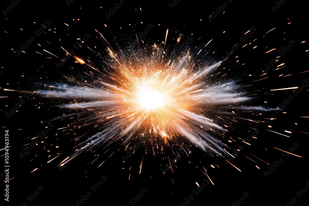 Fototapeta premium Bright explosion of sparks and light on a black background