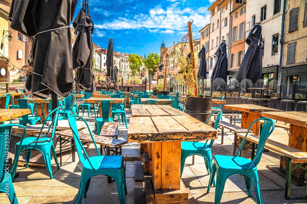 Aix En Provence scenic colorful cafe and Place des Cardeurs square view