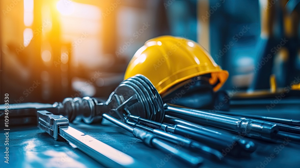 Fototapeta premium Yellow Safety Helmet and Various Hand Tools on a Workshop Table in a Bright Industrial Environment with Warm Light Details