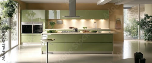 Modern Green Kitchen Island Design With Built In Appliances photo