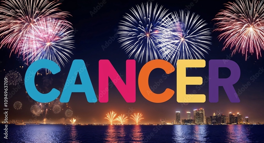 cancer lettering design on night sky with fireworks background new year party concept cancer lettering design on night sky with fireworks background new year party concept