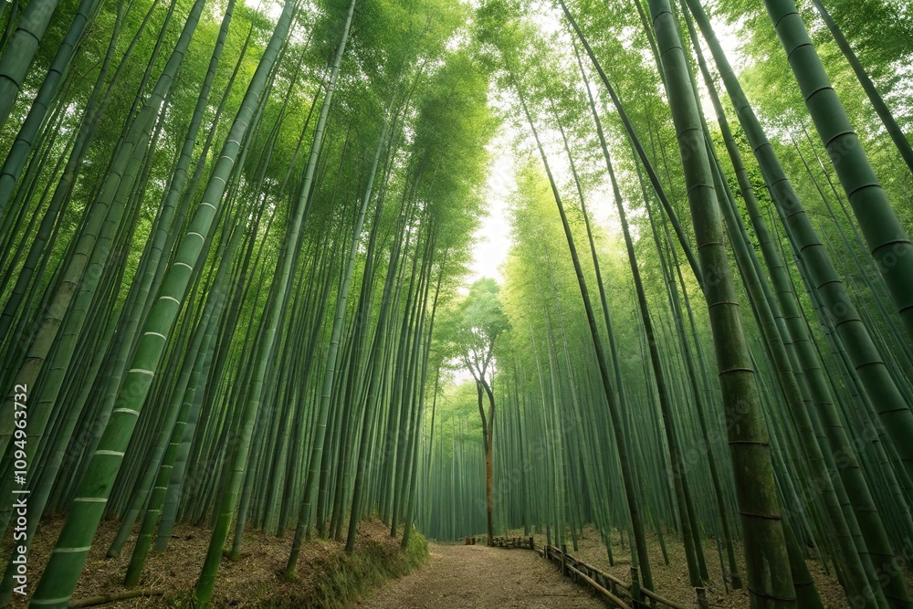 Tall bamboo stalks standing upright with soft light filtering through the canopy above, sun, forest Tall bamboo stalks standing upright with soft light filtering through the canopy above, sun, forest