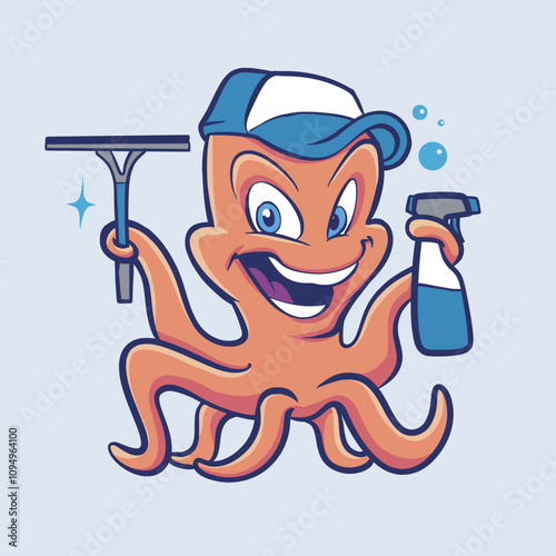 Cheerful Cleaning Octopus Cartoon Mascot Holding Spray Bottle and Squeegee in Vector